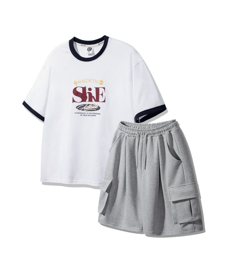 [SET] SHINE 링거 오버핏 반팔티 원턱 카고 와이드 밴딩 반바지 셋업