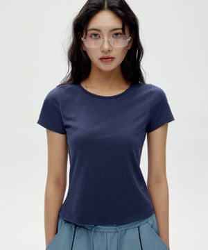 W 유넥 크롭 슬림 티셔츠_네이비