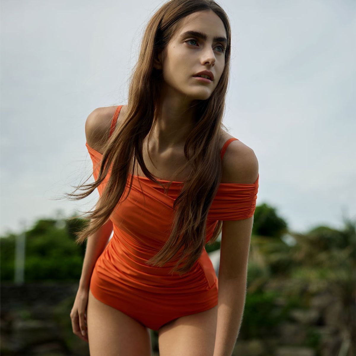 디에브(D.EV) Olenthia Off-shoulder Swimsuit_Havana sunset (오렌지)