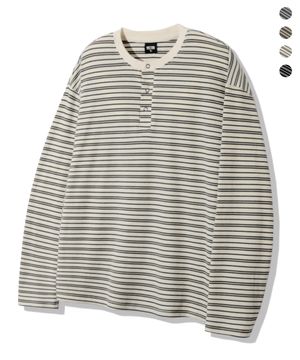 스트라이프 와플 링 스냅 헨리넥 롱 슬리브_4color