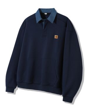 레더 패치 데님 카라 럭비 맨투맨_네이비