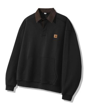 레더 패치 데님 카라 럭비 맨투맨_블랙