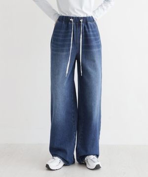 탄탄한 실루엣, 이지핏 스트링 밴딩 롱 와이드 데님 팬츠
