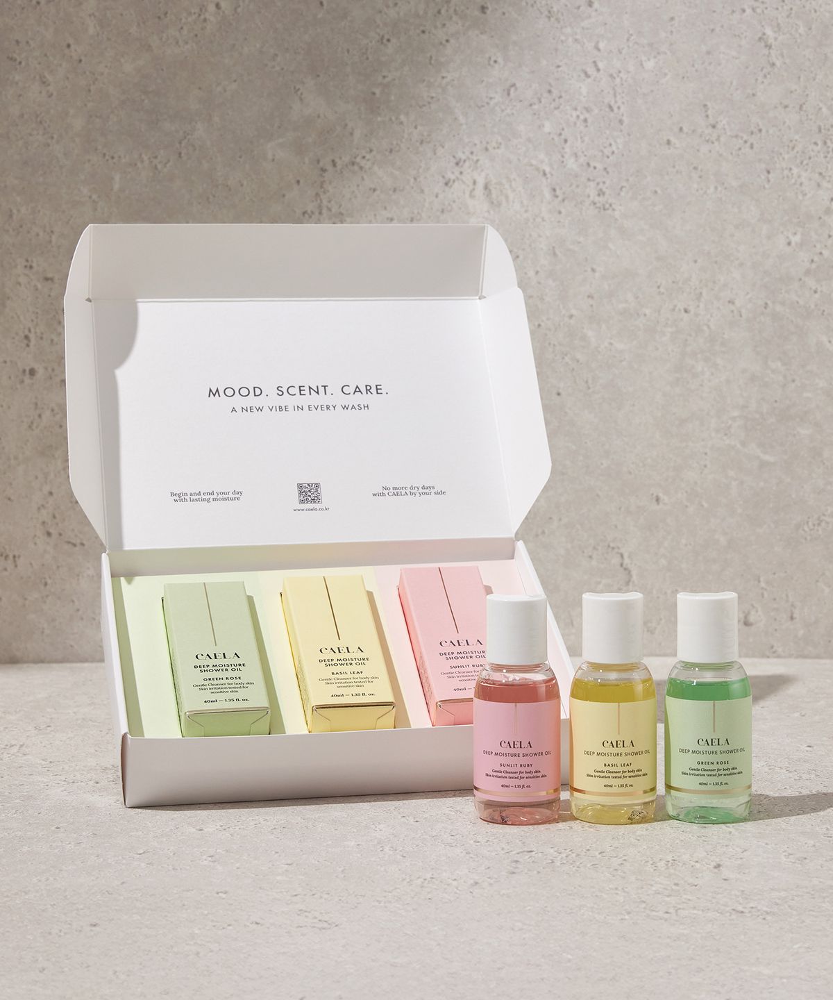 카엘라(CAELA) 바디워시 디스커버리 3종 세트 (40ml x3) 그린로즈·바질리프·썬릿루비