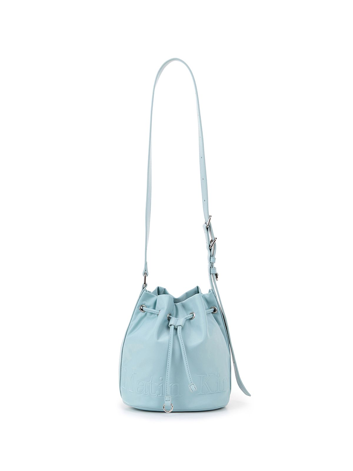 마뗑킴(MATIN KIM) EMBOSSED LOGO MINI BUCKET BAG IN BLUE