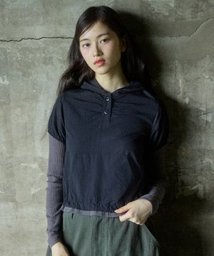 W PUFF SLEEVES LAYERED HOODIE [BLACK]