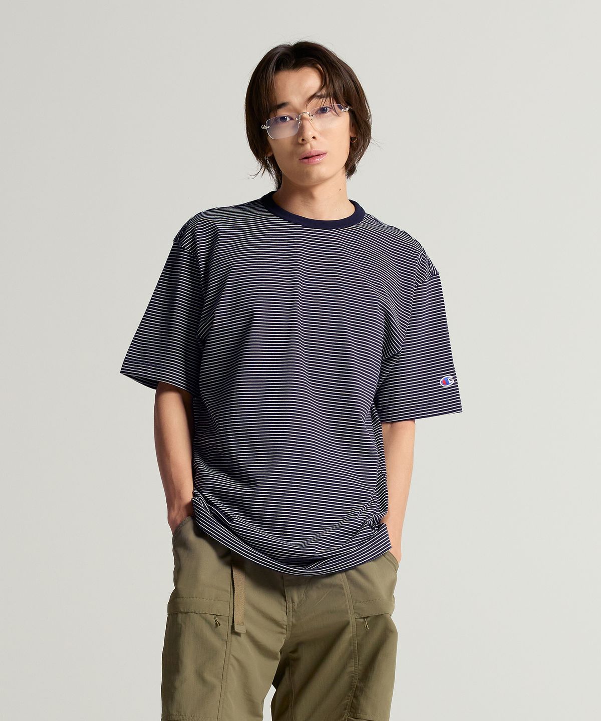 챔피온(CHAMPION) C로고 스트라이프 반팔 티셔츠 Navy