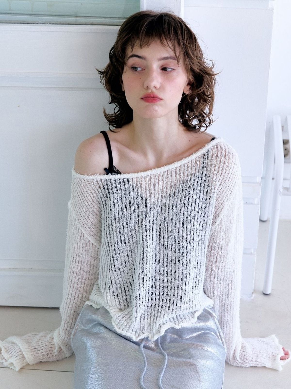 패브릭서울(FABRICSEOUL) Ribbon Cotton Tail Boat Neck Knitwear_white
