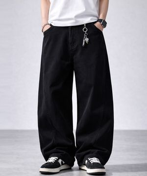 ​​블랙 커브드 절개라인 와이드 코튼 팬츠