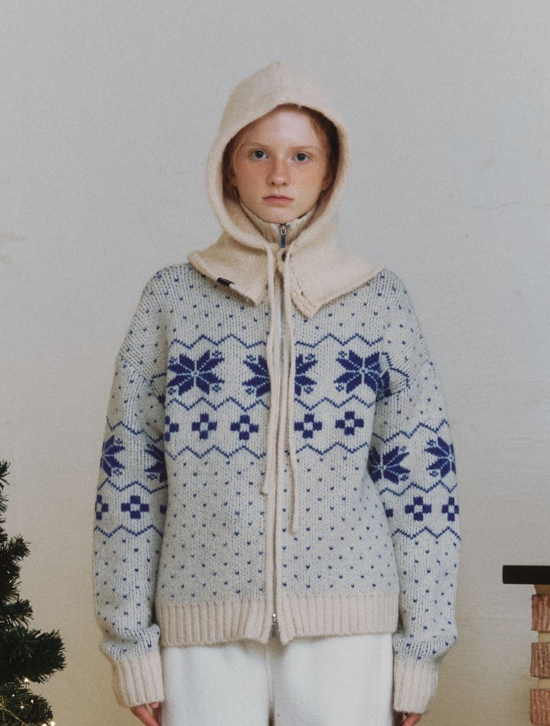Nordic Wool Jacquard TwoWay ZipUp Knit - cream blue