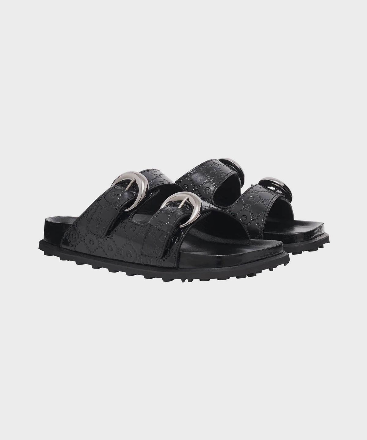 마린 세르(MARINE SERRE) (W) 무노그램 엠보스드 레더 MS 슬라이드 블랙 MOONOGRAM EMBOSSED LEATHER MS SLIDE BK99 BLACK