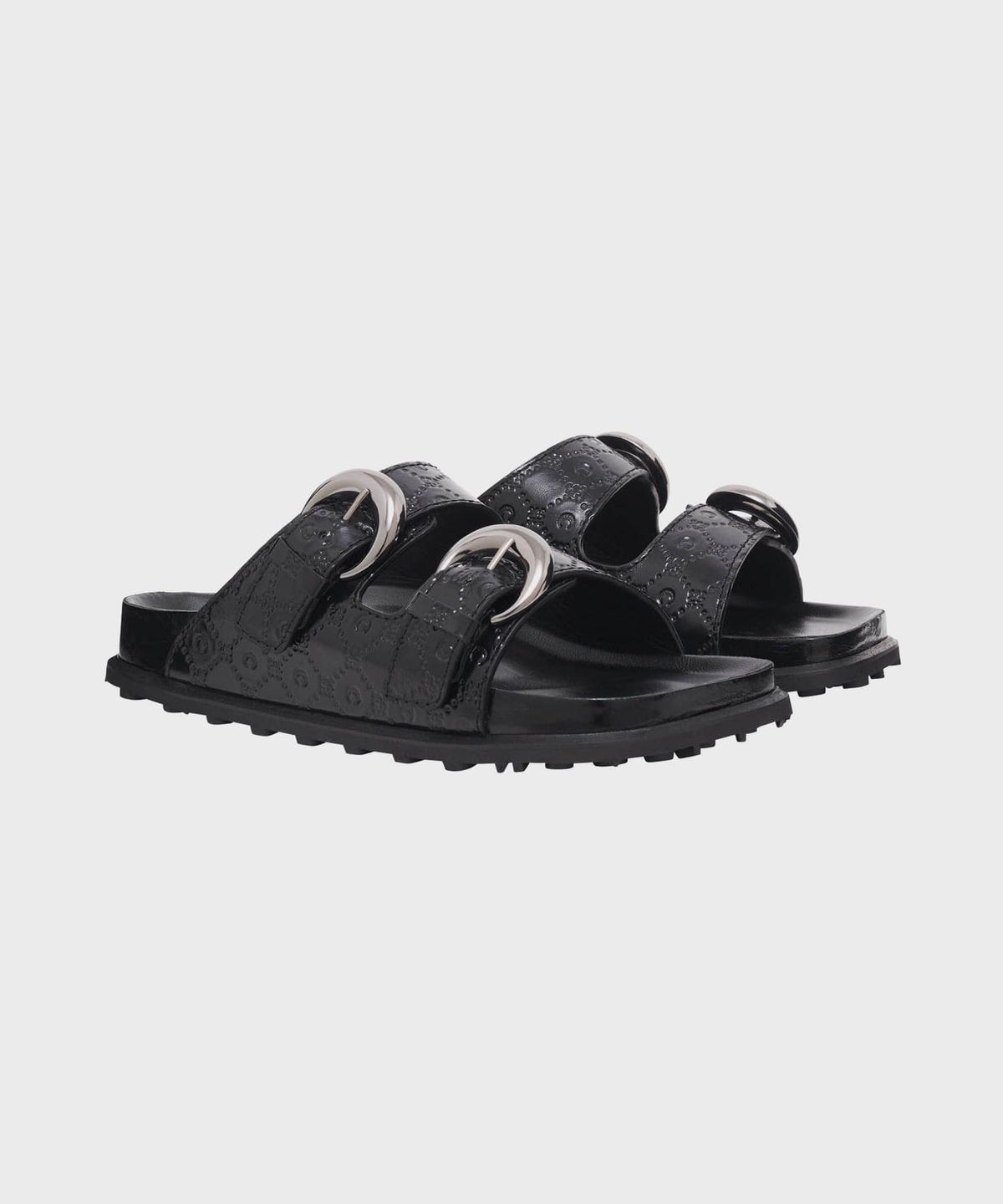 마린 세르(MARINE SERRE) (M) 맨즈 무노그램 엠보스드 레더 MS 슬라이드 블랙 MOONOGRAM EMBOSSED LEATHER MS SLIDE BK99 BLACK