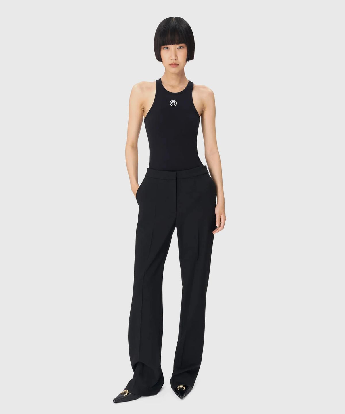 마린 세르(MARINE SERRE) (W) 문 로고 립 저지 탱크 탑 블랙 MOON LOGO RIBBED JERSEY TANK TOP BK99 BLACK