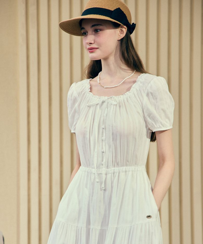 Sophia Ribbon Shirring Banding Dress - White