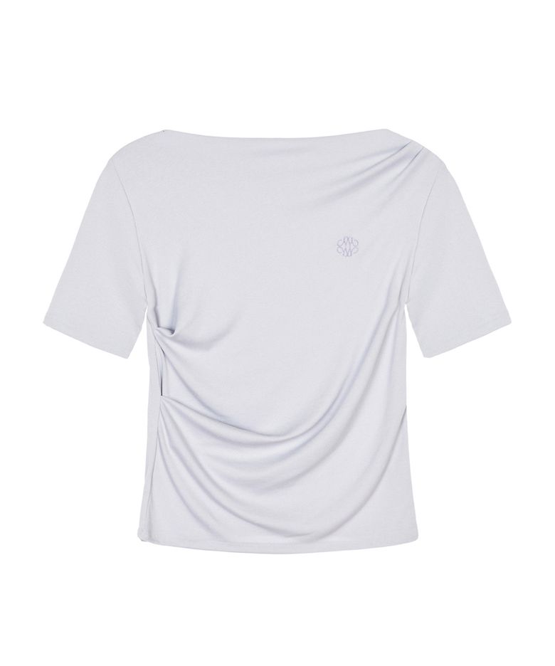 HALF SHIRRING DRAPE BOAT NECK TOP_LIGHT PURPLE