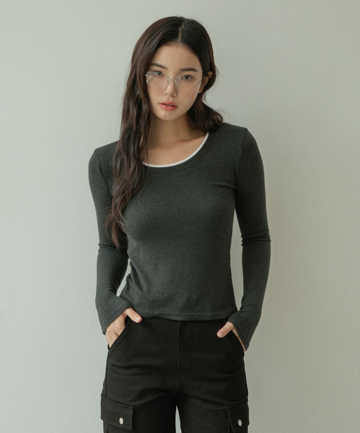 MUSINSA | ACOVER Color-blocked double-neck spandex slim t-shirt 3 colors