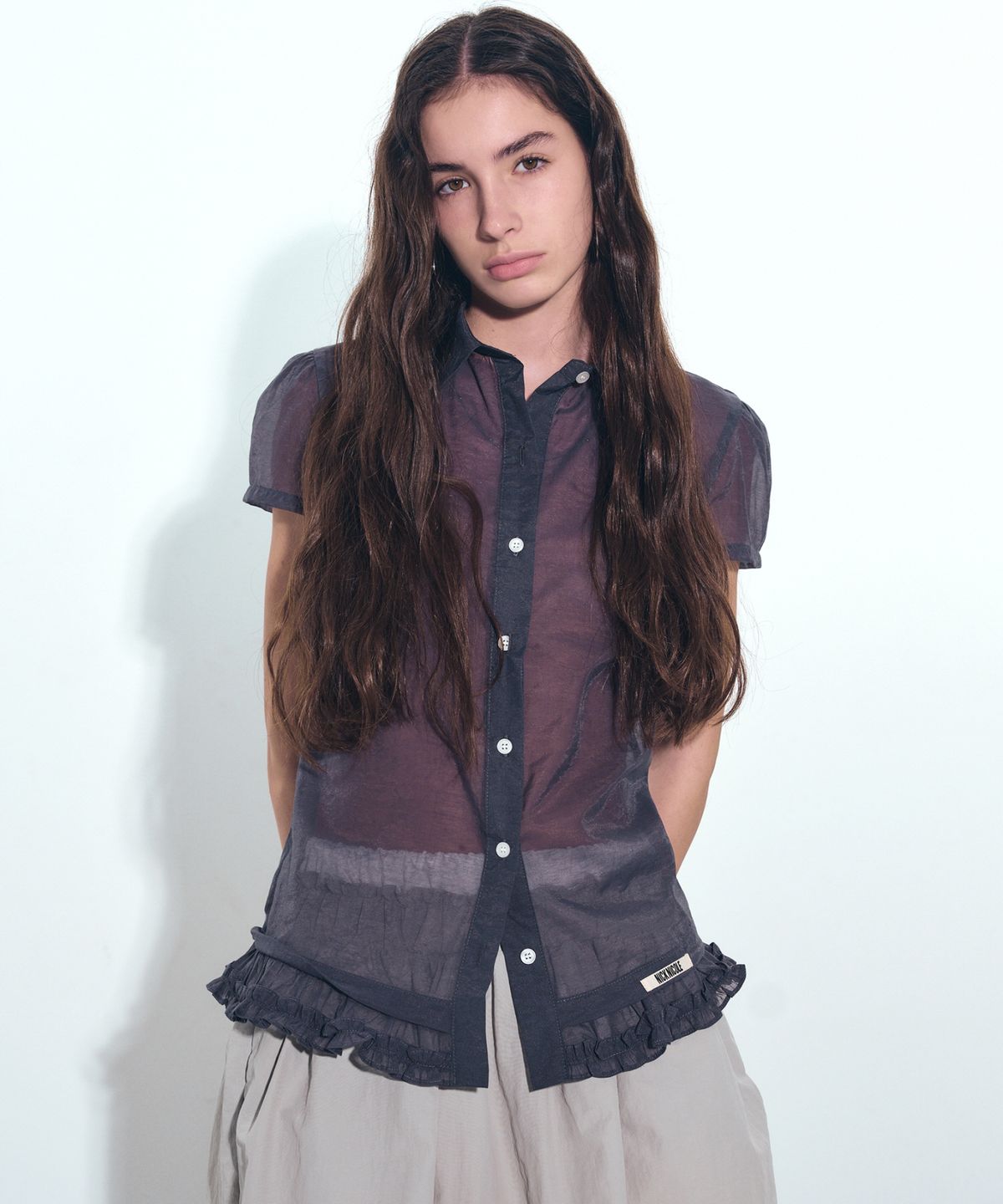 닉앤니콜(NICK&NICOLE) FRILL COLLAR SEE-THROUGH BLOUSE_CHARCOAL