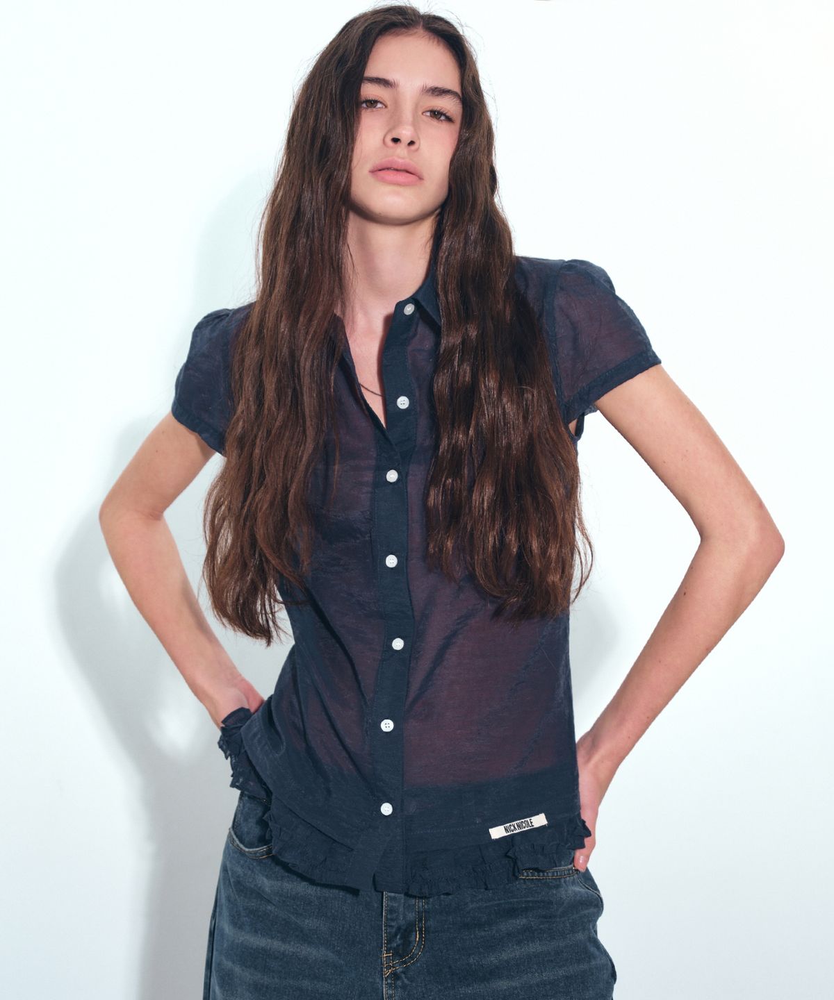 닉앤니콜(NICK&NICOLE) FRILL COLLAR SEE-THROUGH BLOUSE_NAVY