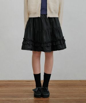 러플 플레어 미디 스커트 블랙