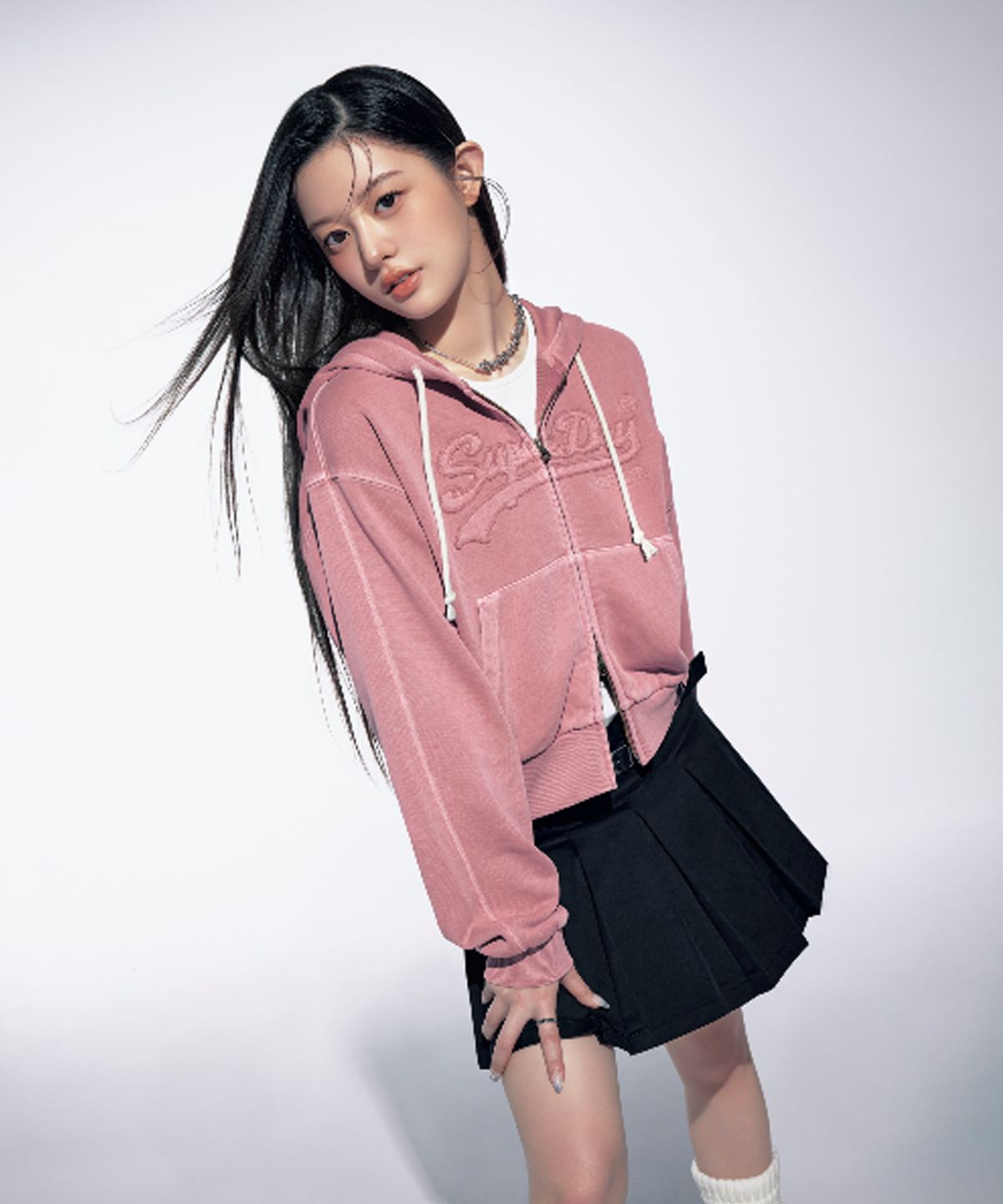 슈퍼드라이(SUPERDRY) W 아플리케 로고 후드집업 다크핑크
