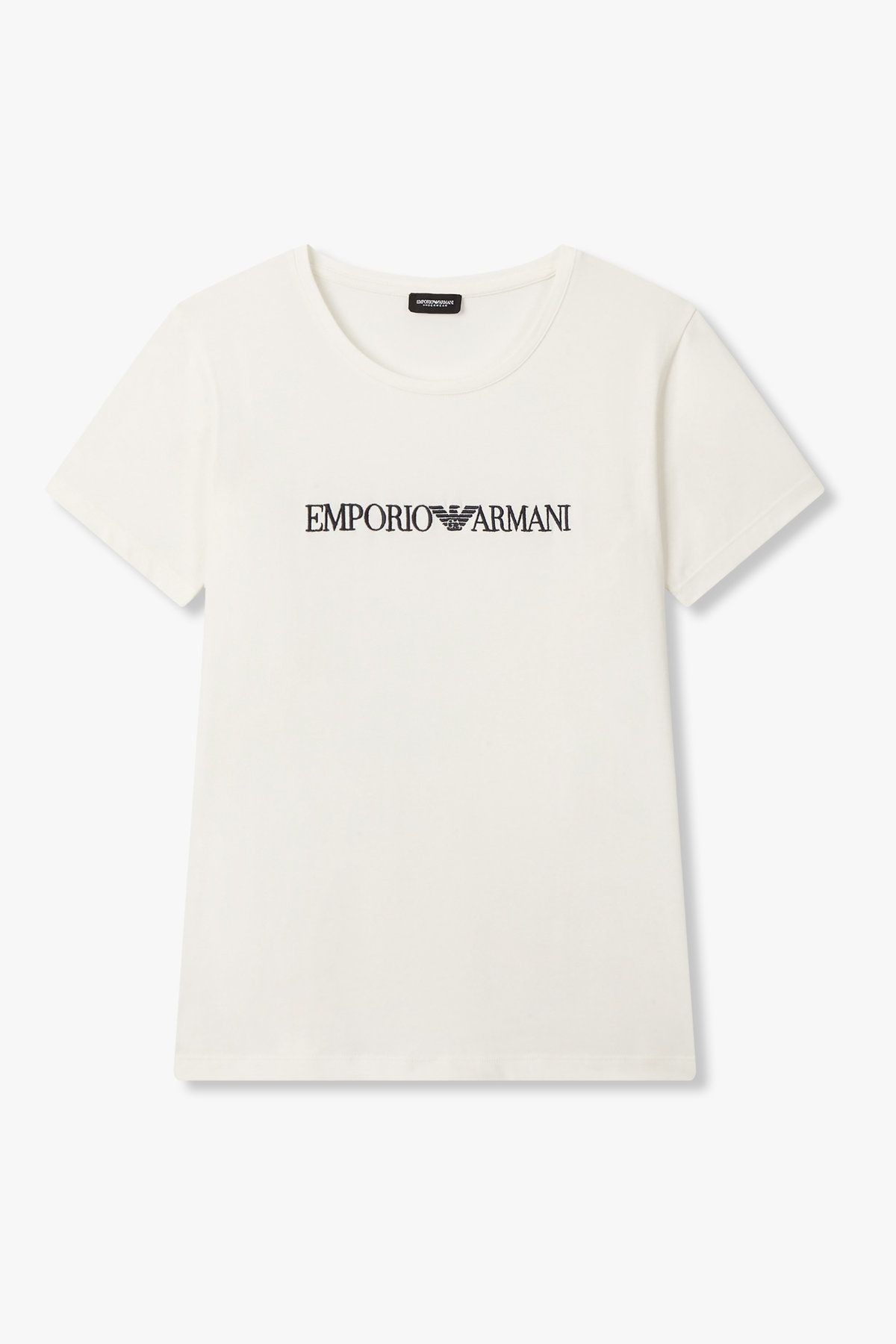 엠포리오 아르마니 언더웨어(EMPORIO ARMANI UNDERWEAR) 여성 로고 자수 숏 슬리브 라운지 티셔츠_화이트 0825334501