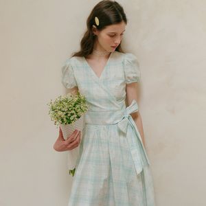 Cest_Plaid floral wrap ribbon blouse