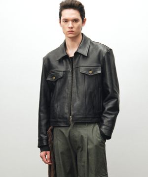 앤틱 카우 레더 트러커 자켓 (블랙)