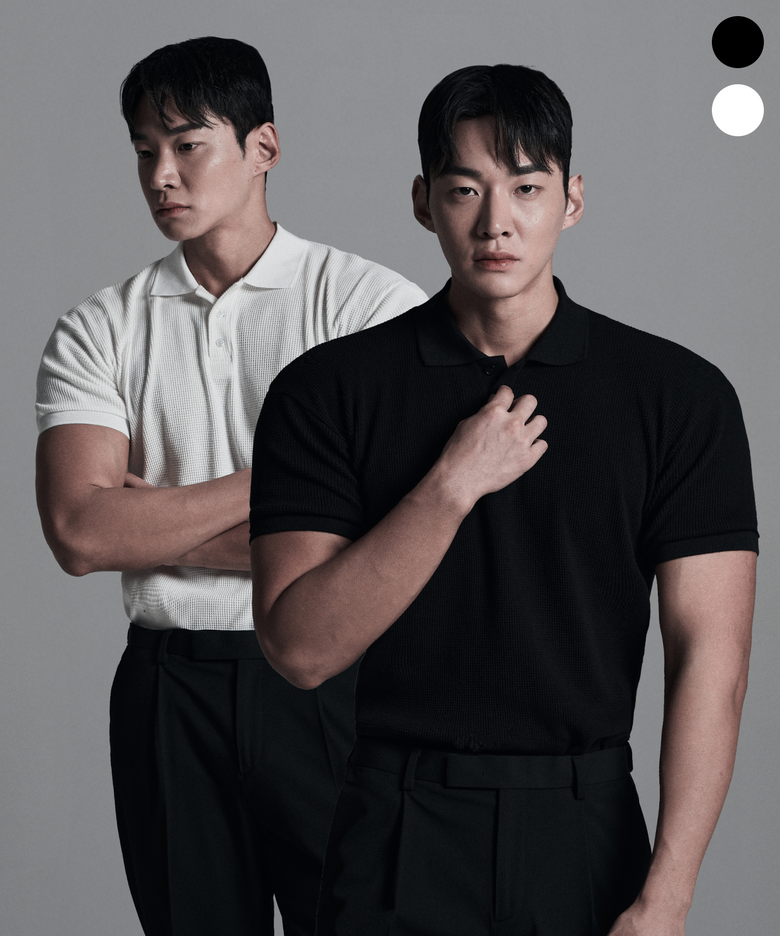 무지 와플 세미 크롭 머슬핏 카라티 2color