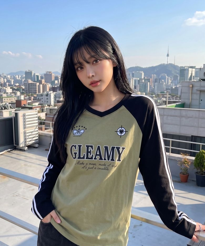 글리미 브이넥 롱슬리브 올리브블랙