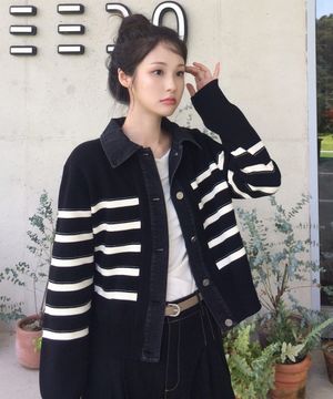 [W]데님 믹스 스트라이프 가디건