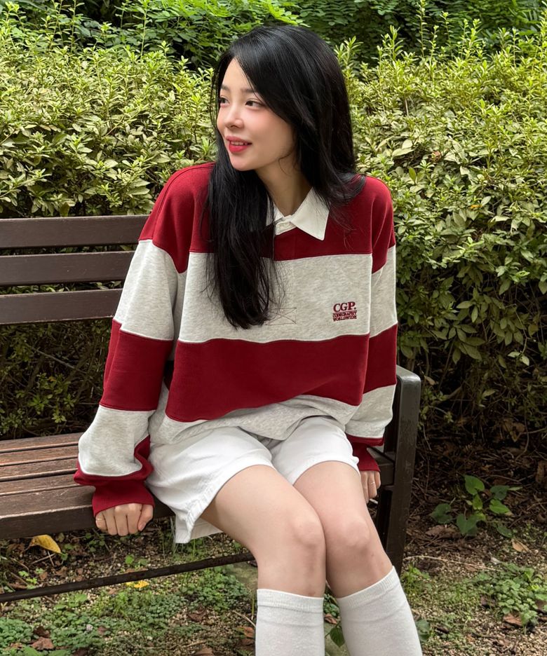스트라이프 럭비 맨투맨_다크 레드