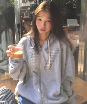 넘버링 체크 패치 후드 집업_멜란지그레이