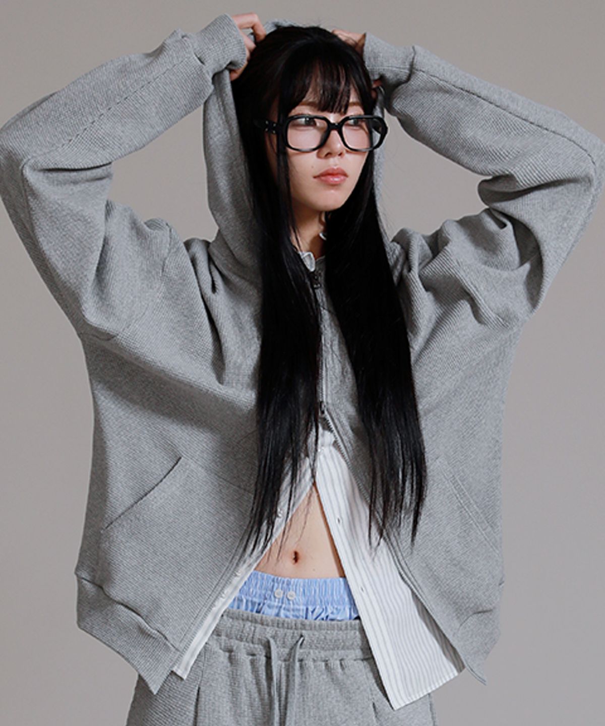 라이크더모스트(LIKE THE MOST) 유니 와플 오버핏 후드 집업_그레이