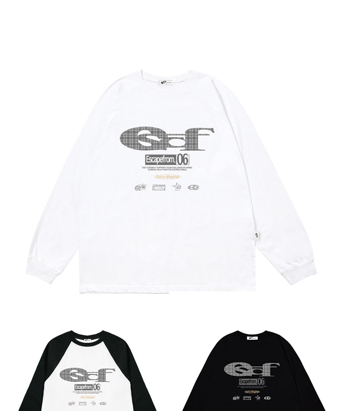 이스케이프프롬(ESCAPEFROM) 그레이 체크 ESCF 로고 콜라주 프린트 롱슬리브 [3color]