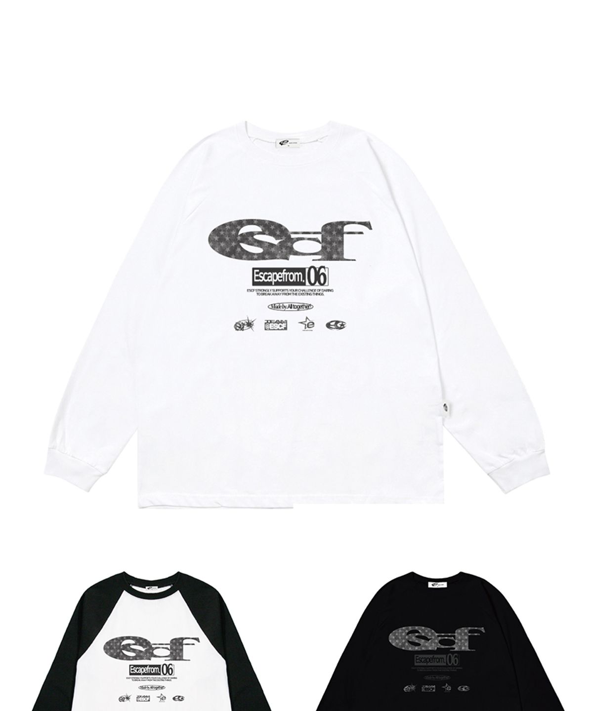 이스케이프프롬(ESCAPEFROM) 블랙 별 데님 ESCF 로고 콜라주 프린트 롱슬리브 [3color]