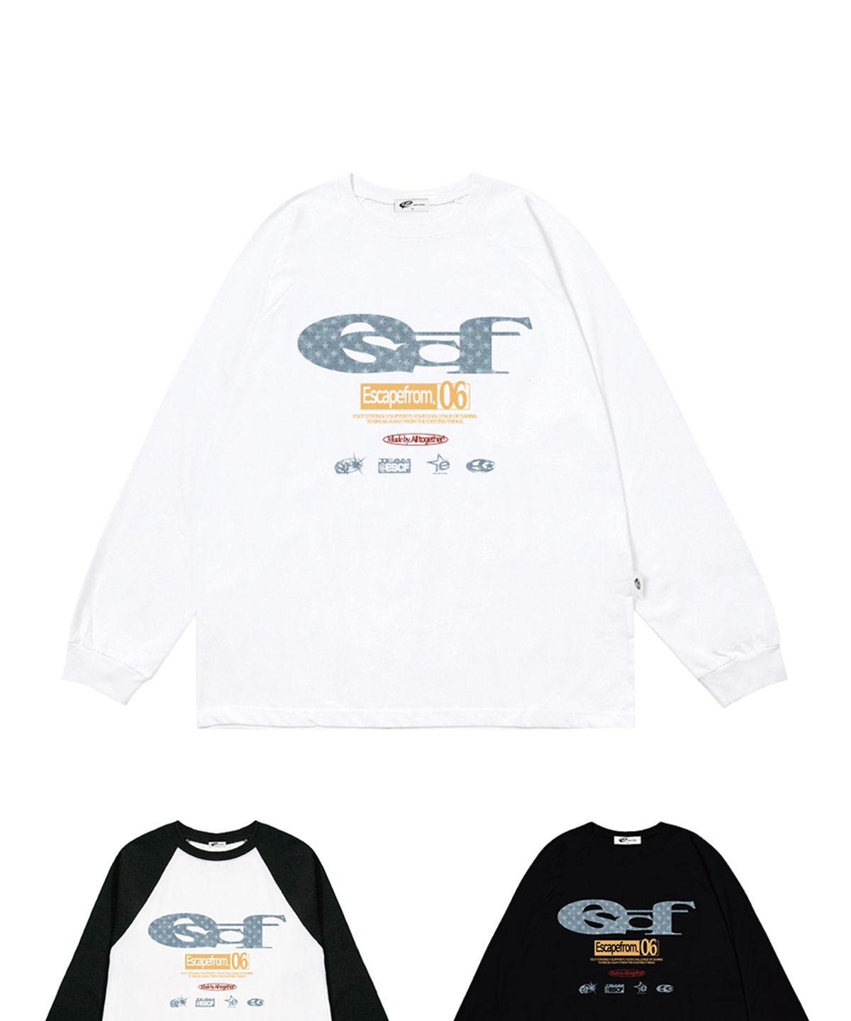 이스케이프프롬(ESCAPEFROM) 블루 별 데님 ESCF 로고 콜라주 프린트 롱슬리브 [3color]