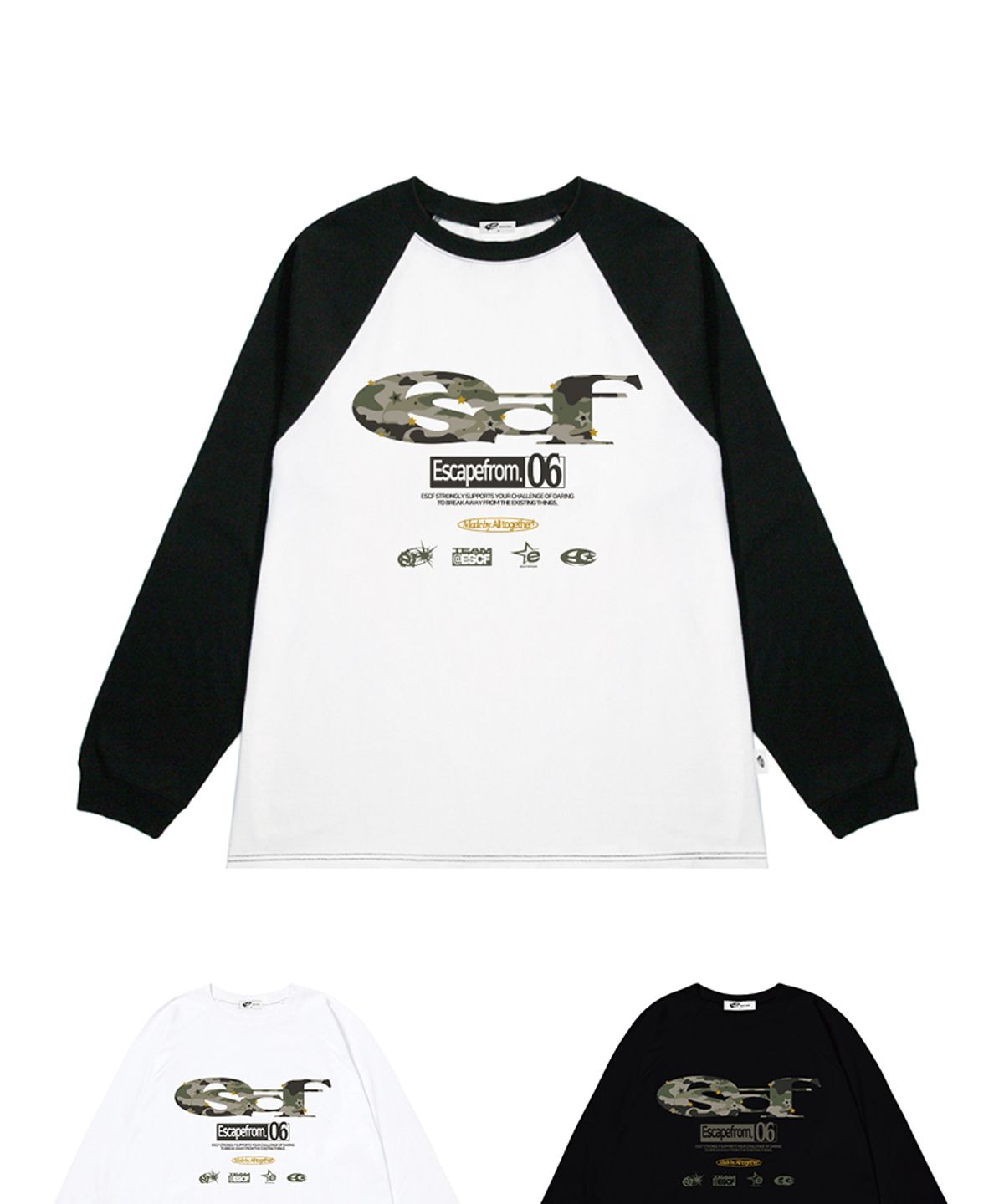 이스케이프프롬(ESCAPEFROM) 스타 카모 ESCF 로고 콜라주 프린트 롱슬리브 [3color]
