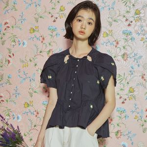 [LINE] Flower Wrap Sleeve Blouse (Navy)