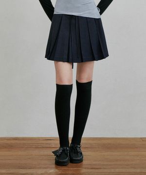 리본 스트라이프 플리츠 미니스커트 네이비