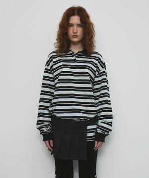 STRIPE OVERFIT COLLAR T-SHIRT_BLACK