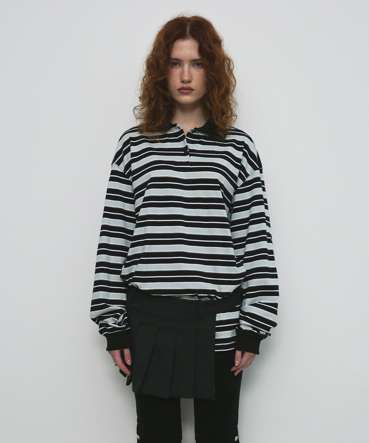 샌드릭(SANDRIC) STRIPE OVERFIT COLLAR T-SHIRT_BLACK