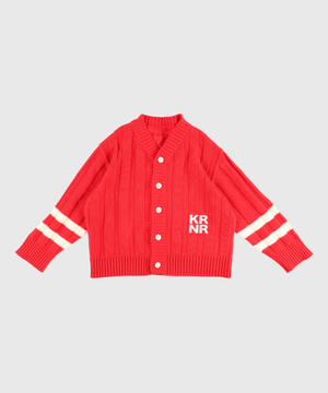 폴인 오버사이즈 스트라이프 니트 가디건 레드,틸블루