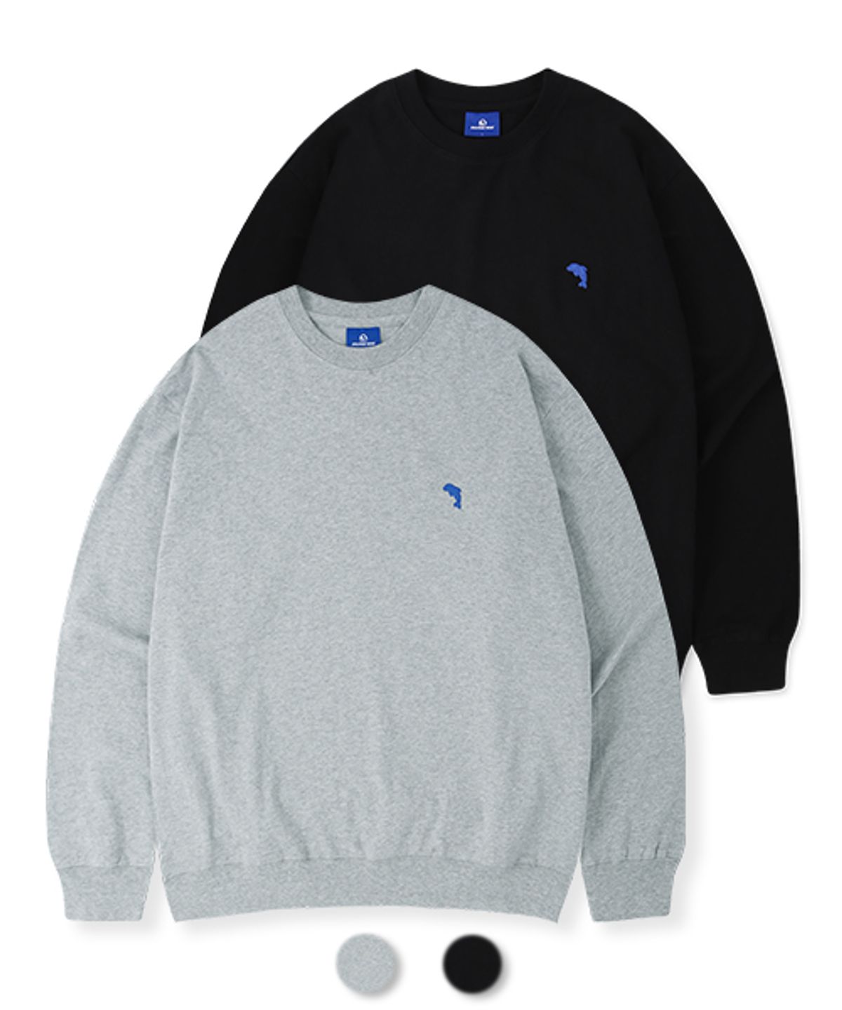 돌핀웨이브어패럴(DOLPHIN WAVE APPAREL) [2PACK] 돌핀 미니 체인자수 16수 맨투맨 멜란지그레이&블랙