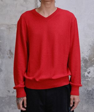 LOOSED FINE WOOL V-NECK KNIT (RED)