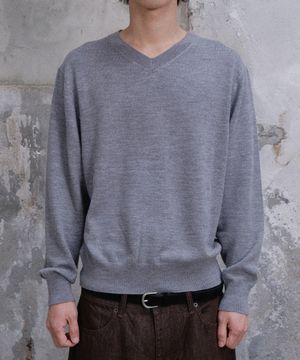 LOOSED FINE WOOL V-NECK KNIT (GRAY)