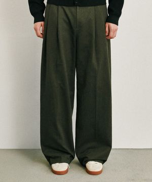 와이드 투턱 코튼 팬츠 카키