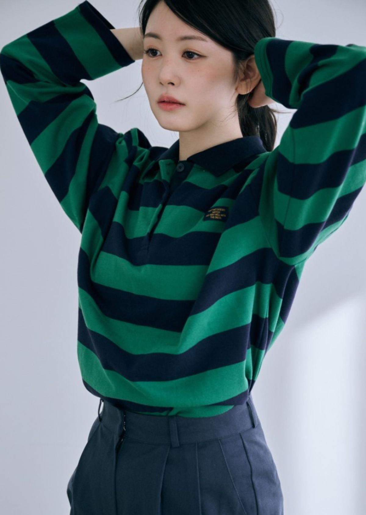 바이서우(BYSEOWOO) 럭비티셔츠 스트라이프 긴팔 티셔츠 (그린)