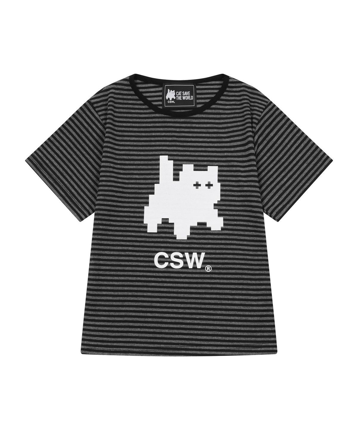캣세이브더월드(CATSAVETHEWORLD) 로아 시그니처 로고 스트라이프 반팔 티