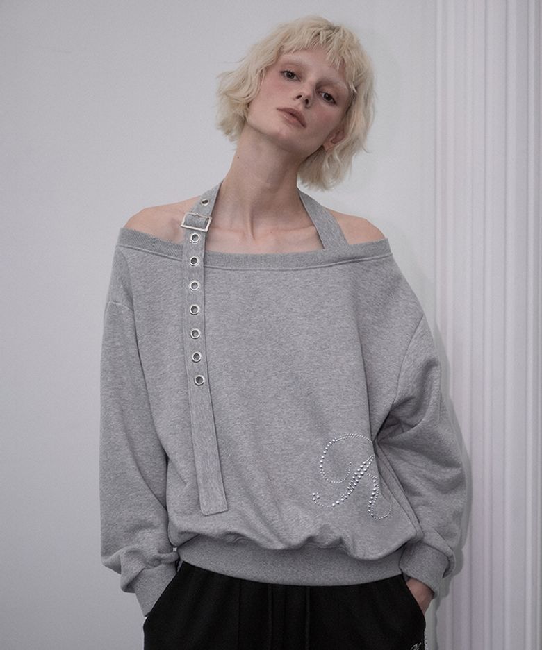 Eyelet Strap Open Sweatshirt [Gray]