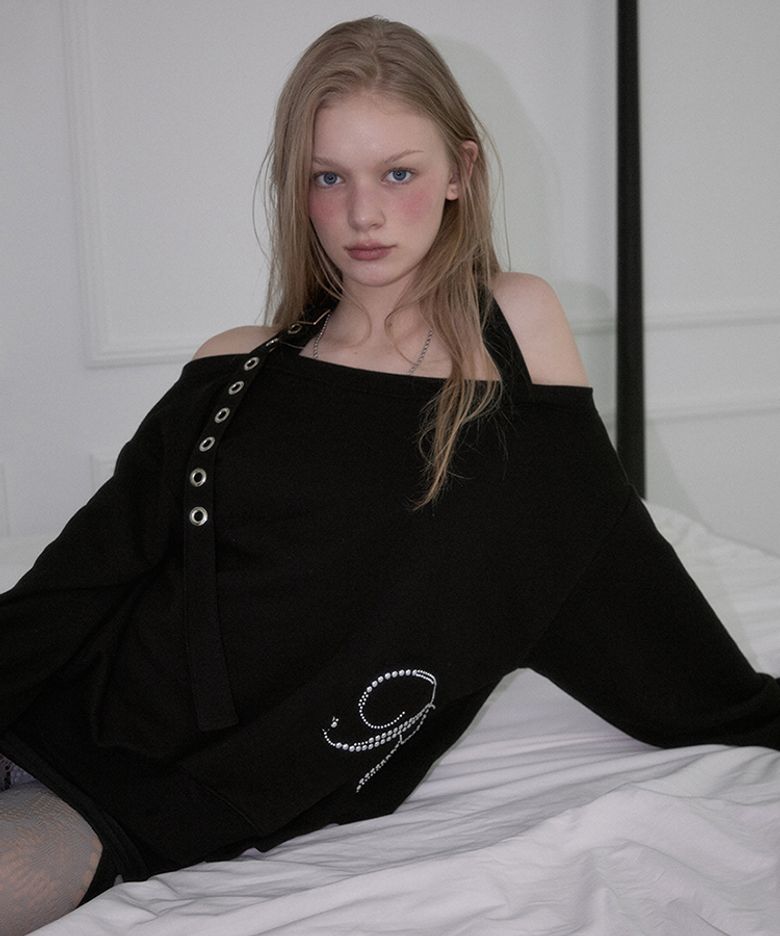 Eyelet Strap Open Sweatshirt [Black]
